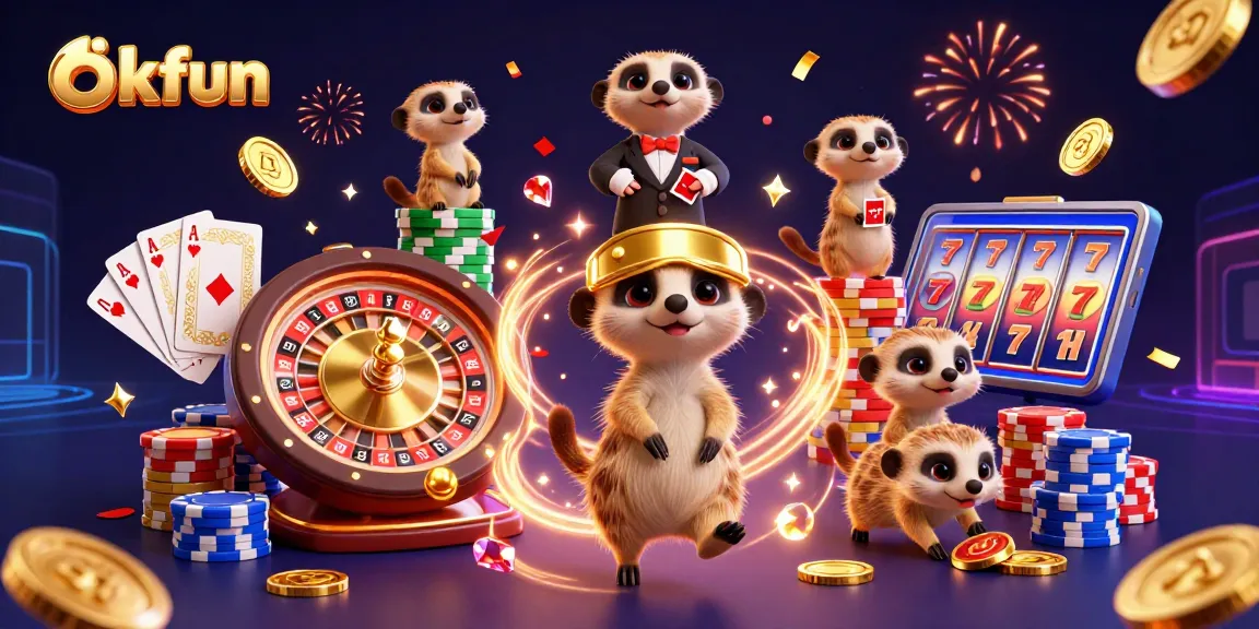 Experience the vibrant casino scene of okfun with meerkats managing games and flying gold coins.