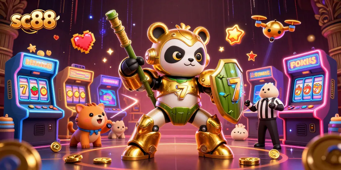 Engage with sc88: Golden panda robot battles amid glowing slot reels and festive arcade elements.