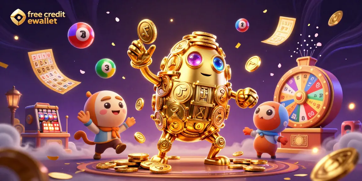 Engage with free credit ewallet offerings through a vibrant lottery scene featuring whimsical elements and rich details.