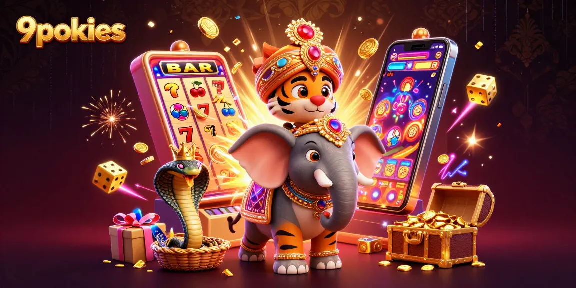 Experience the thrill of 9pokies as a tiger maharaja rides an elephant, surrounded by casino excitement.