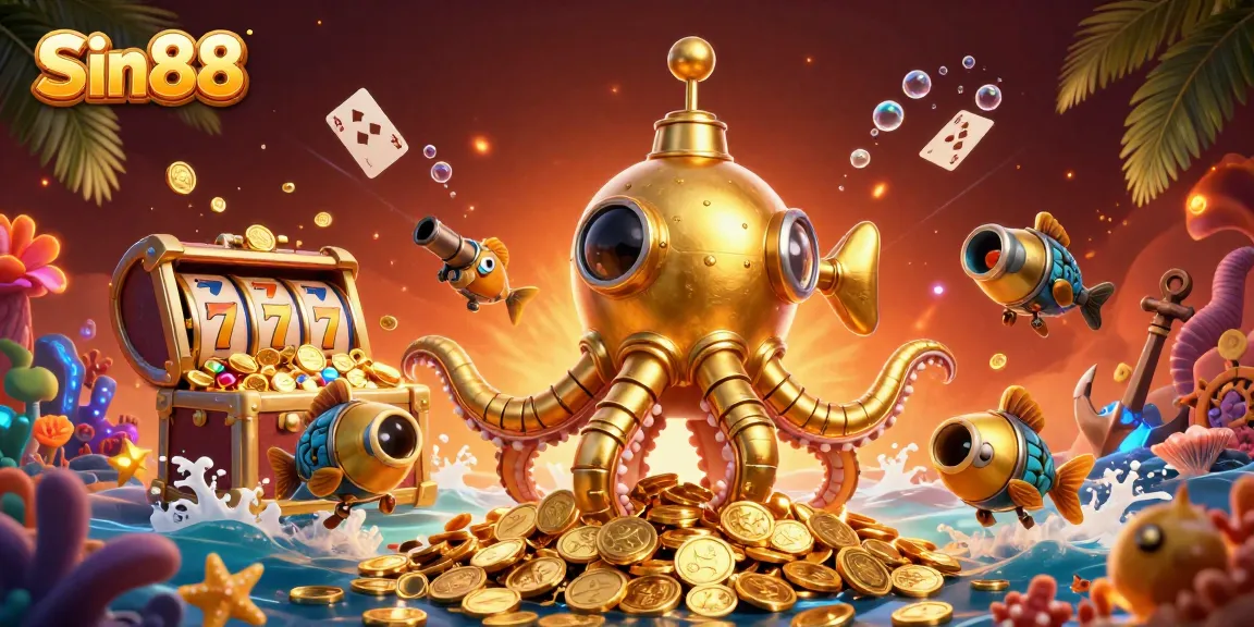 Spin and win with Sin88 in this vibrant underwater casino adventure illustration.
