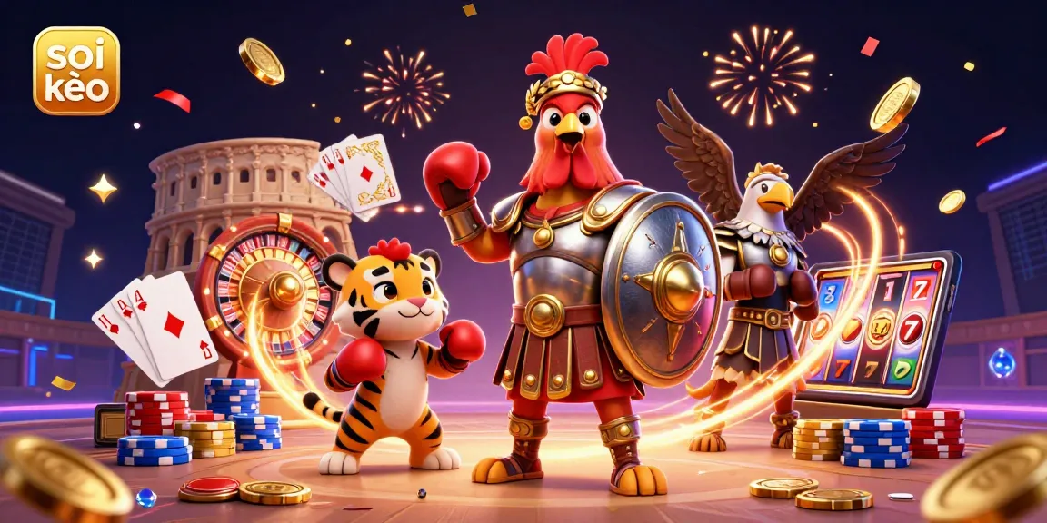 Experience the thrilling soi kèo action with a dynamic scene of a gladiator rooster, tiger cub, and eagle in a vibrant casino arena.