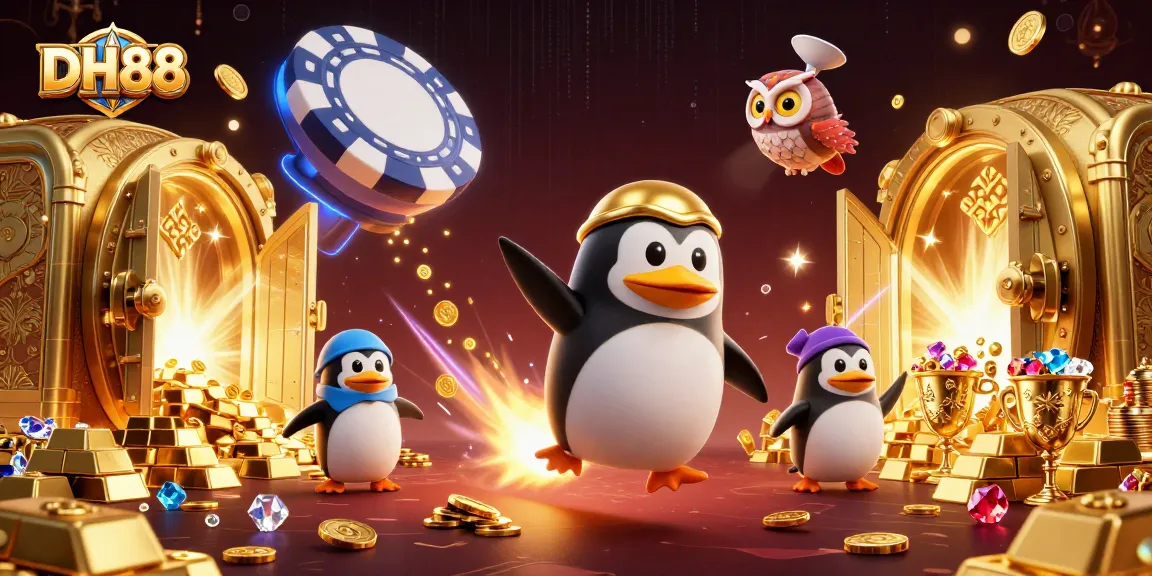 DH88 penguin rocket zooming towards a casino chip in an explosion of gold and gems.