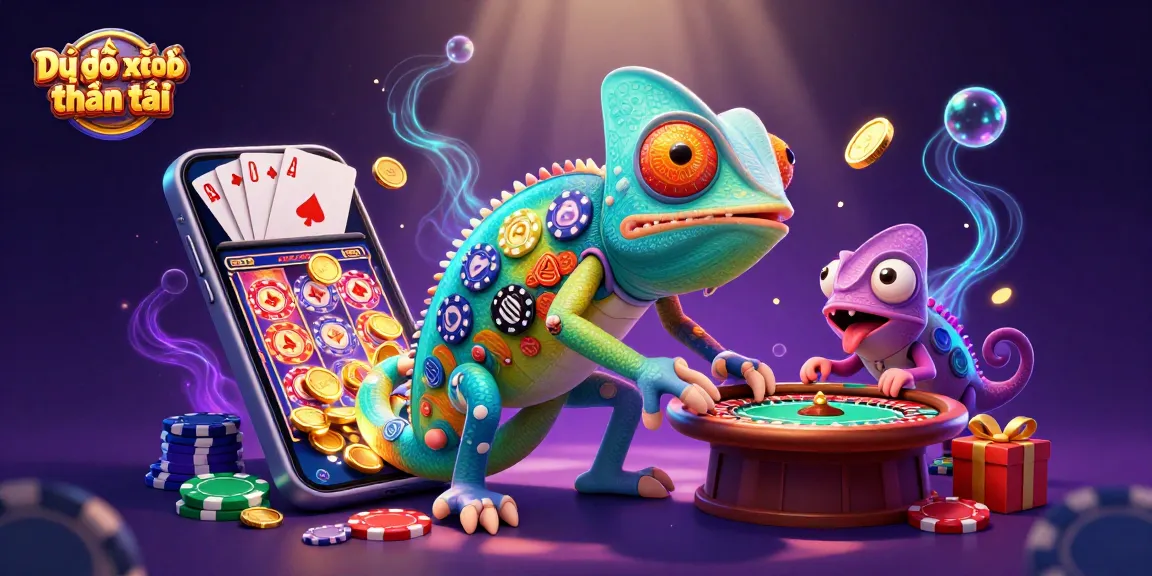 Dự đoán xổ số thần tài with a chameleon casino owner surrounded by dynamic lottery elements in vibrant colors