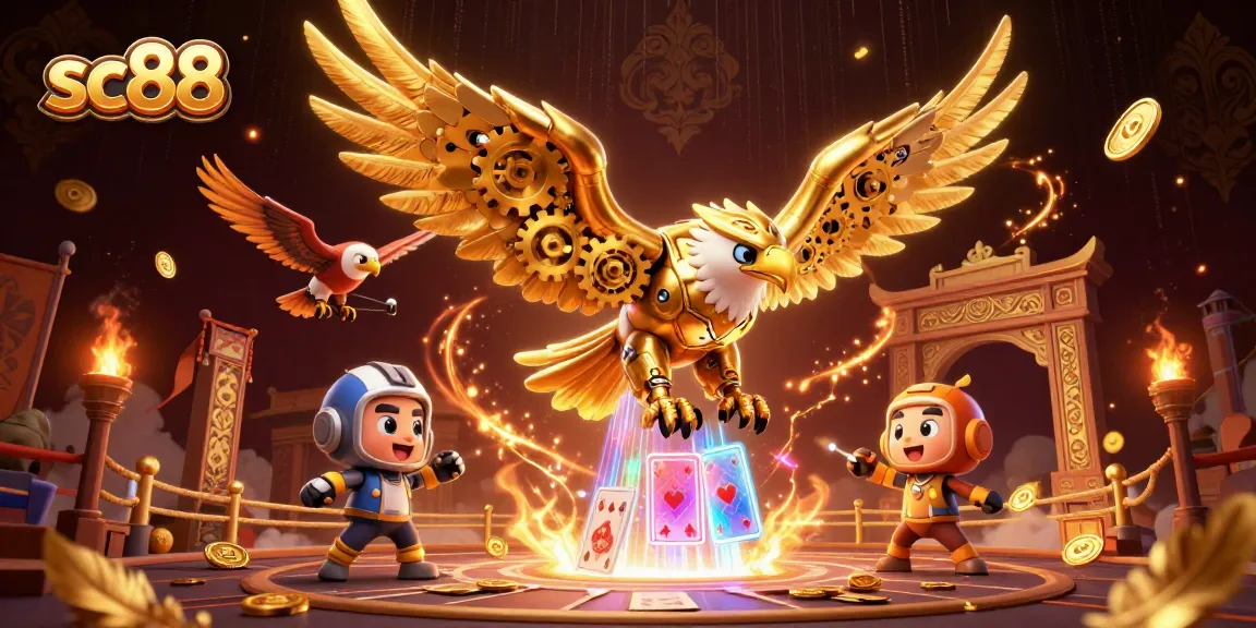 Experience the thrill of sc88 with a dynamic illustration showcasing a cybernetic eagle in a rich casino setting.