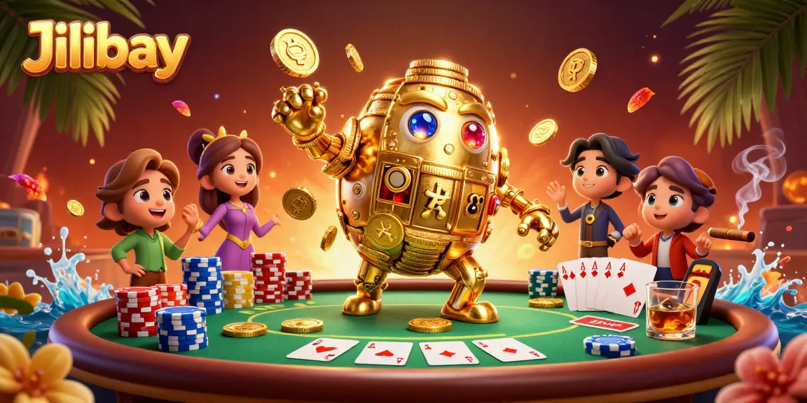 Experience the thrill of Jilibay with a golden golem and poker action in a vibrant casino scene.