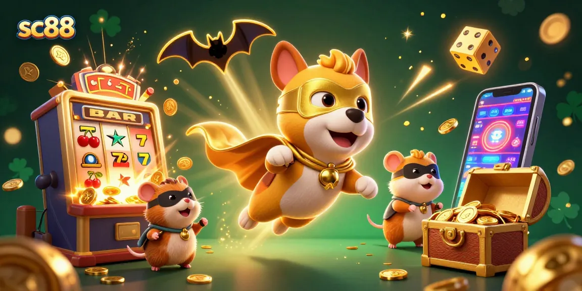 Experience sc88's thrilling jackpot excitement with a superhero dog and hamster in a vibrant casino setting.