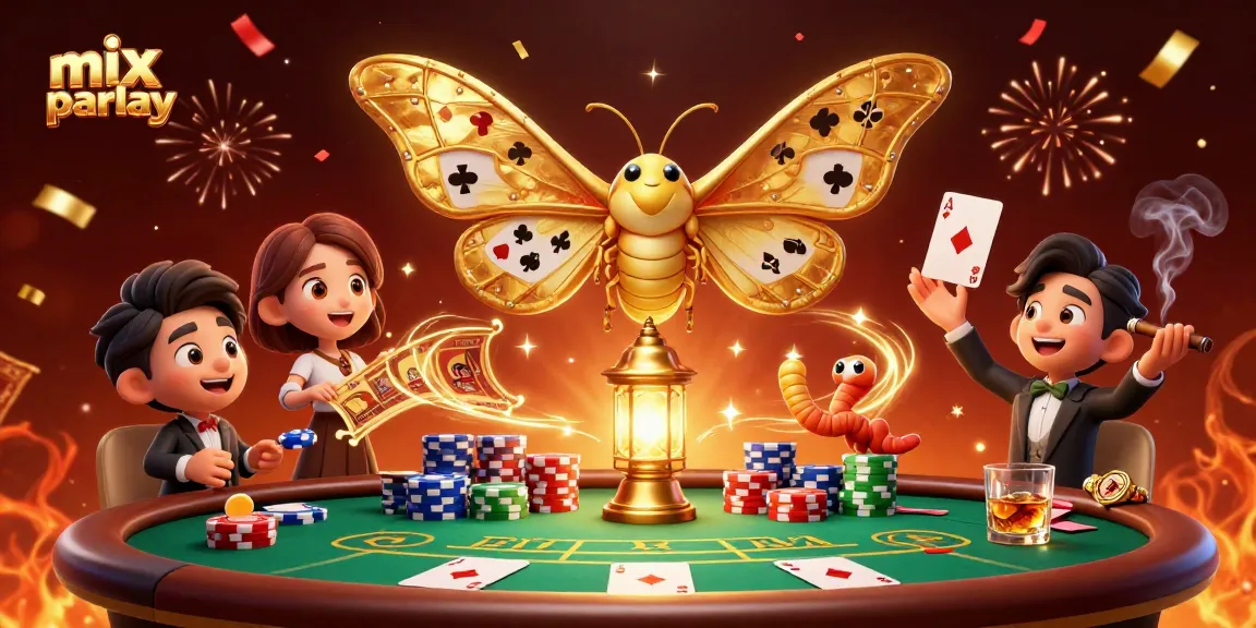 Experience the excitement of mix parlay betting in a vibrant casino scene with golden moths and poker elements.