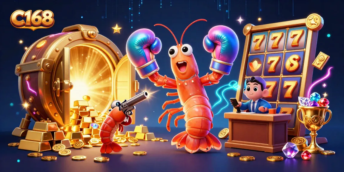 C168 features a vibrant slot game adventure with a cartoon mantis shrimp champion and treasure elements.