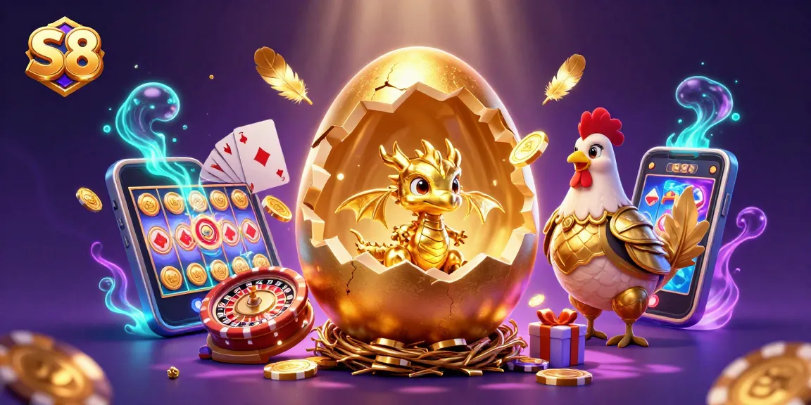 S8 gaming scene highlights a baby dragon and golden hen with poker chips and vibrant slot games.