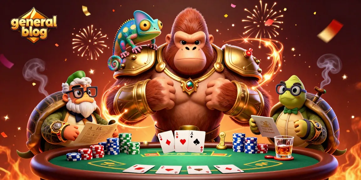 Dynamic gambling scene featuring a gorilla king, chameleon spy, and tortoise elder at a poker game, general blog