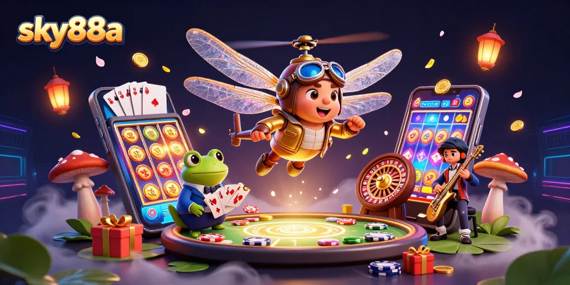 Engage with sky88a's lively casino alongside a frog croupier, vibrant card games, and exciting slot visuals.