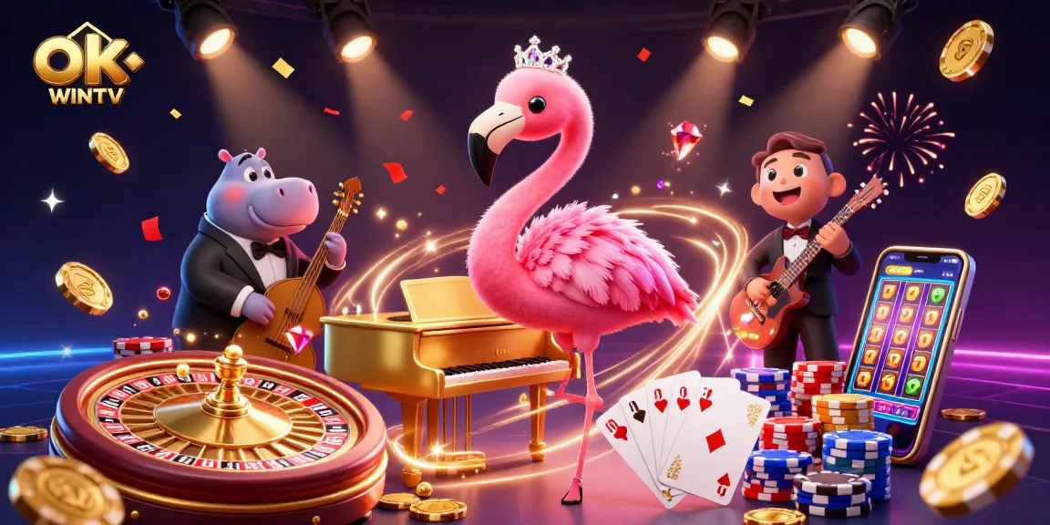 Experience the thrill of betting with OKWINTV's vibrant gaming scene featuring cascading coins and popular casino elements.