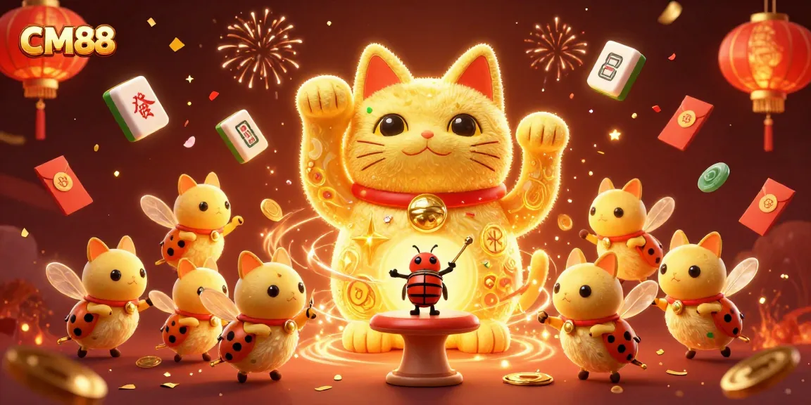 Experience the magic of CM88 with a vibrant 3D illustration of a lucky cat and dynamic casino symbols.