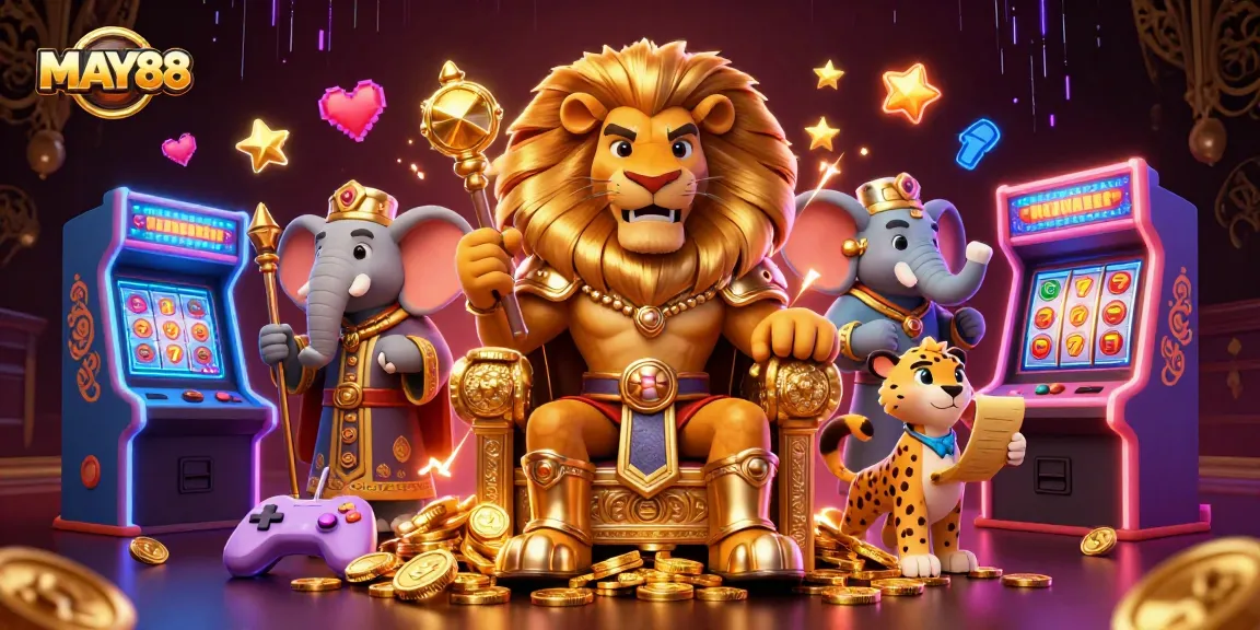 MAY88 showcasing vibrant casino action with a lion king, elephant advisor, and cheetah messenger amidst colorful gaming elements.
