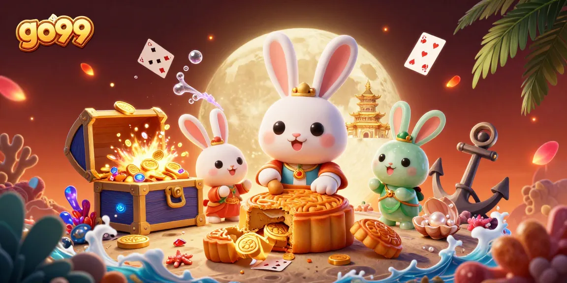Play and win poker chips at go99 with a whimsical 3D moon rabbit illustration.