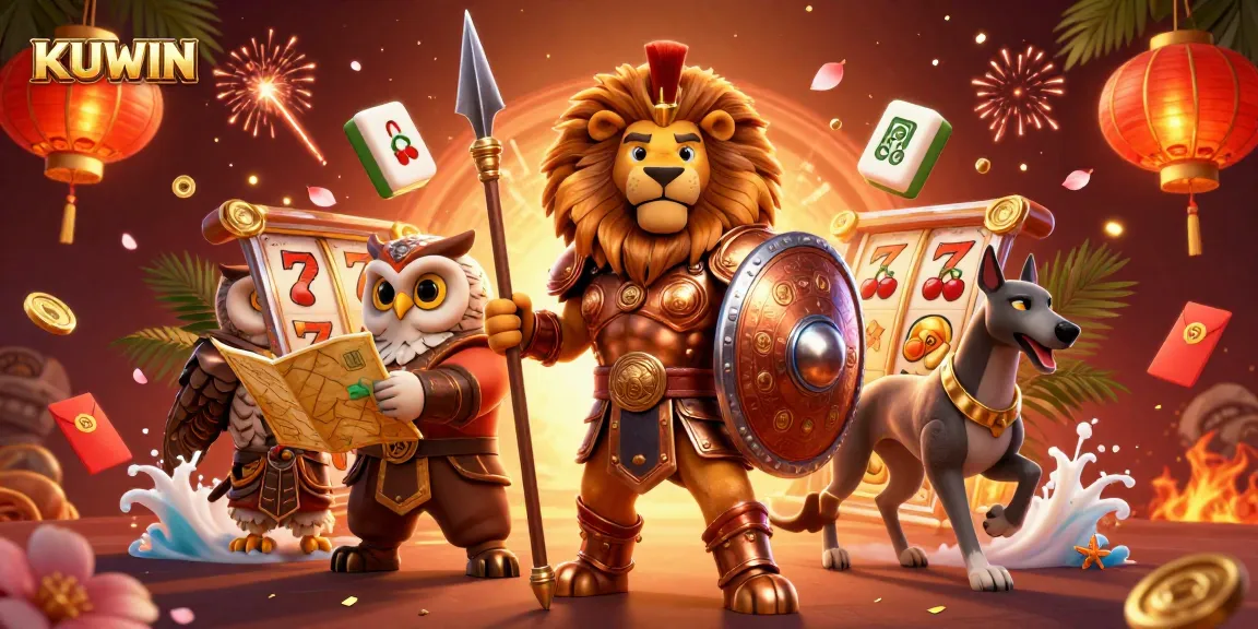 KUWIN players enjoy a thrilling 3D casino experience amid vibrant illustrations of slot reels and festive decorations.