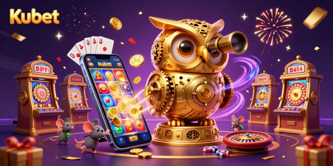 Kubet casino illustration with a golden owl scanning a lively casino, showcasing vibrant slot games and festive elements.
