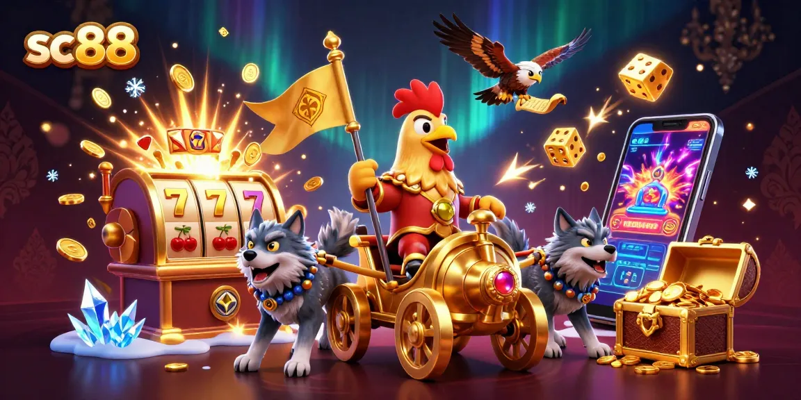 Engage in exciting gameplay at sc88 with a dynamic casino scene featuring a rooster warlord and slot machine.