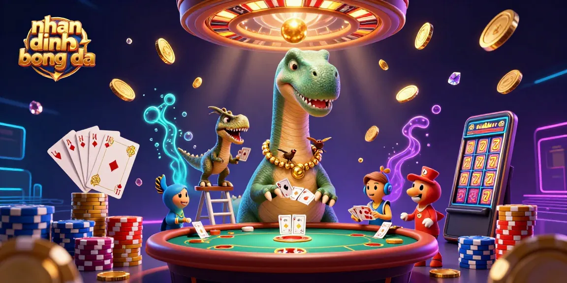 nhan dinh bong da showcases an epic 3D casino scene with a dinosaur managing a poker game.
