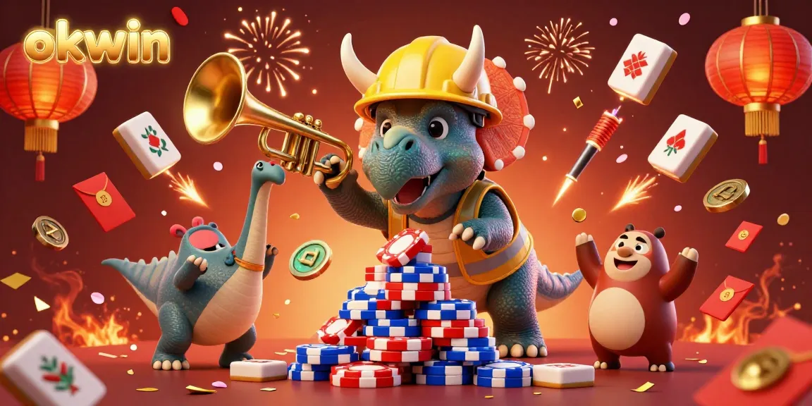 Celebrate winnings with okwin as a triceratops builds poker chip pyramids amidst festive visuals.