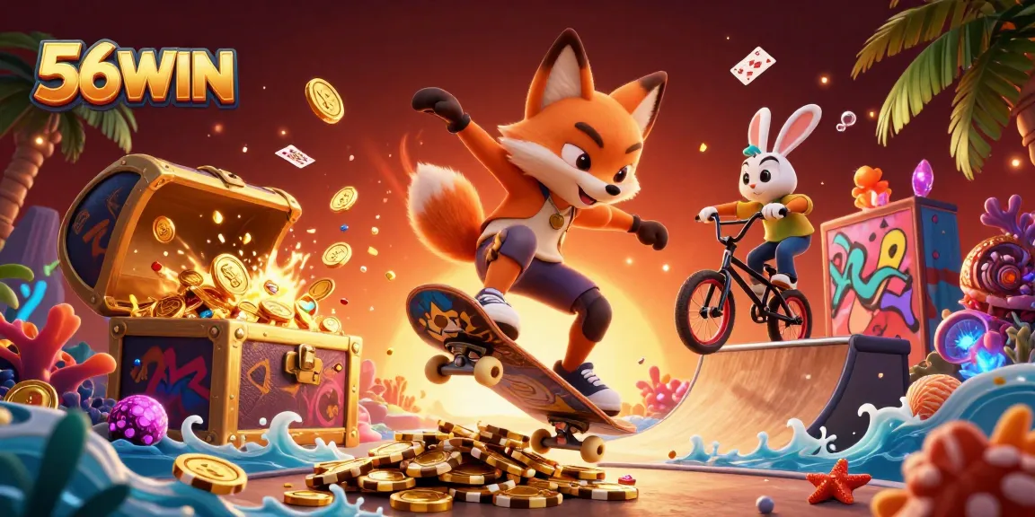 Experience the thrill of gaming at 56WIN, featuring dynamic action with colorful casino elements.