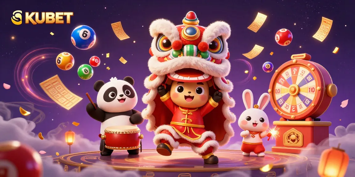 KUBET's vibrant 3D illustration showcases a lively casino scene with a festive lion dance and exciting lottery elements.